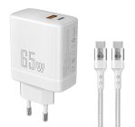 POWERTECH φορτιστής τοίχου PT-1182, καλώδιο, USB/USB-C, 65W, GaN, λευκός